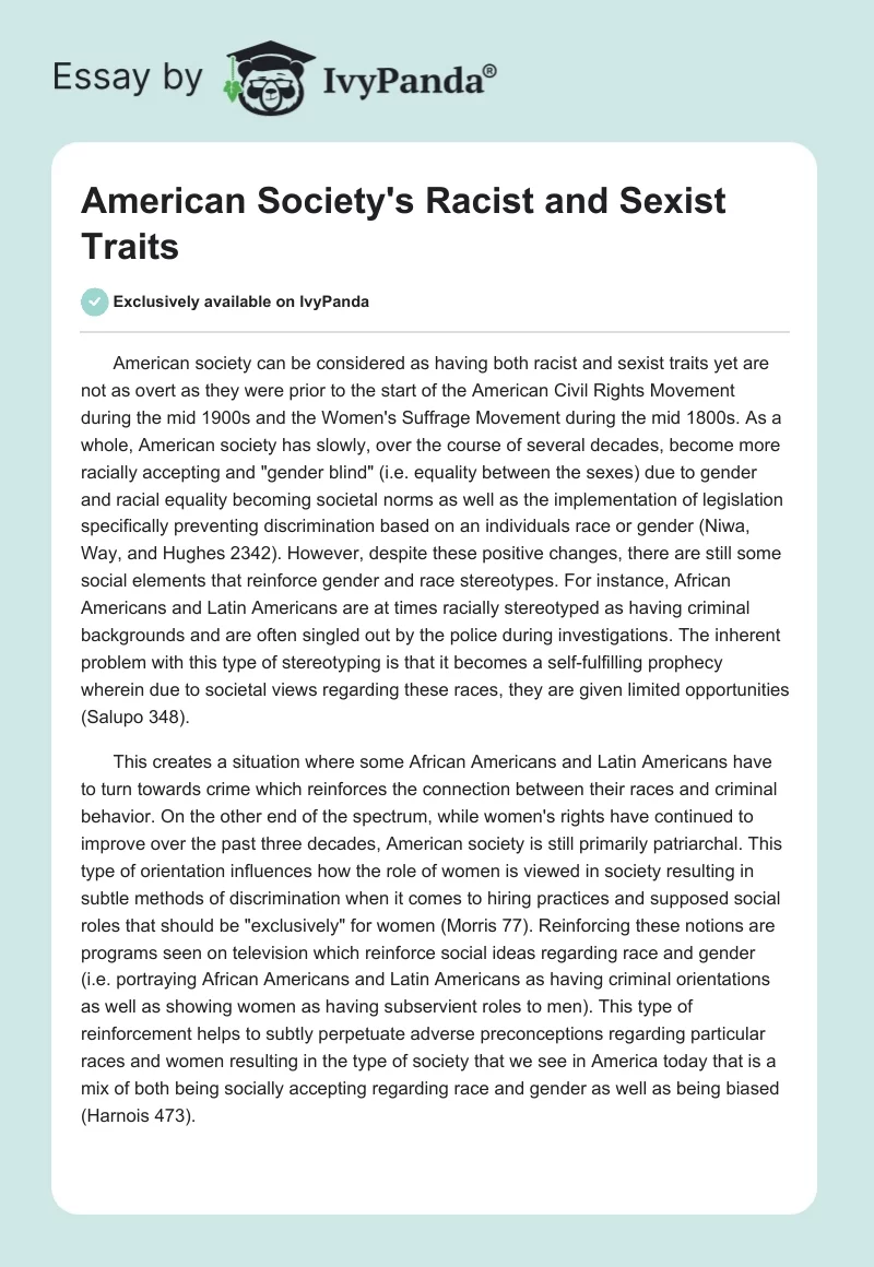 American Society's Racist and Sexist Traits. Page 1