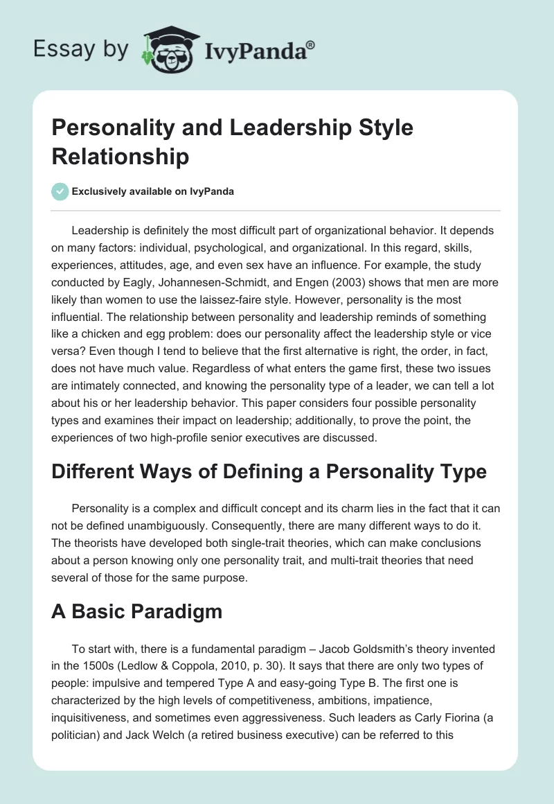Personality and Leadership Style Relationship. Page 1