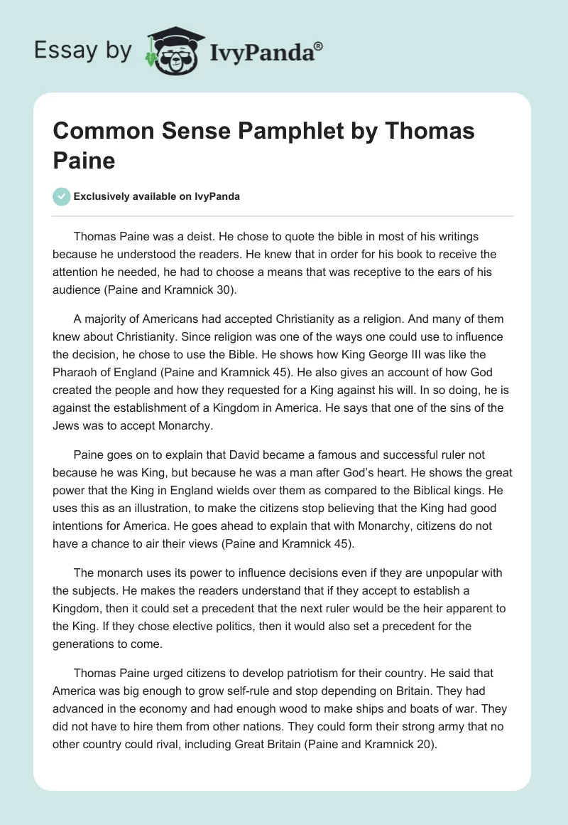 "Common Sense" Pamphlet by Thomas Paine. Page 1