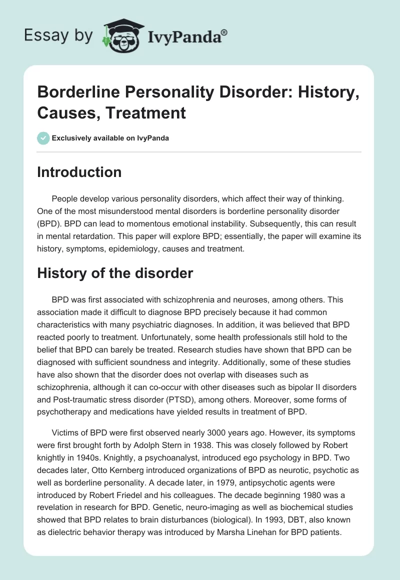 Borderline Personality Disorder: History, Causes, Treatment. Page 1