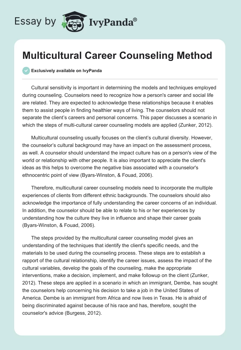 Multicultural Career Counseling Method. Page 1