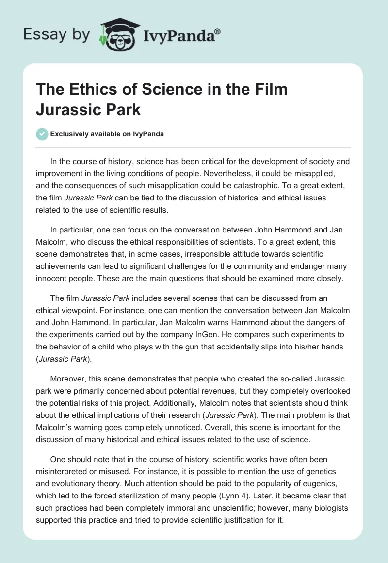The Ethics of Science in the Film "Jurassic Park". Page 1