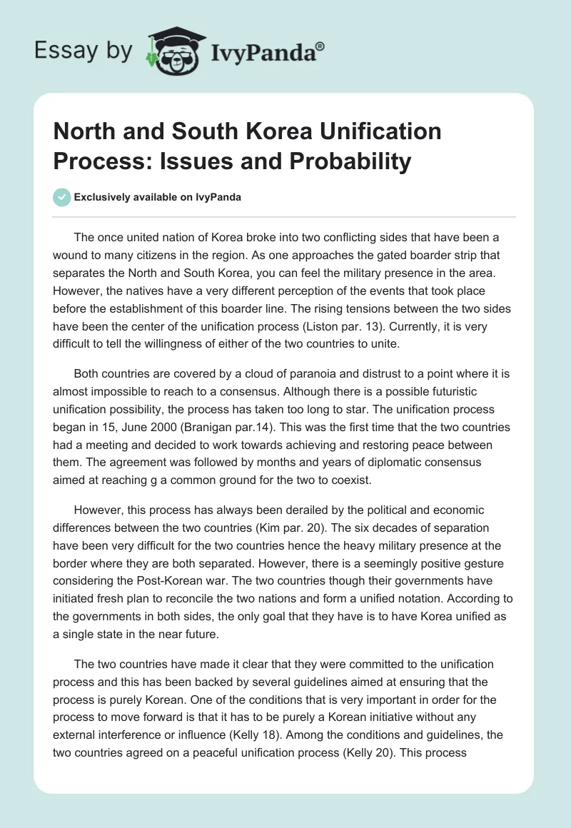 North and South Korea Unification Process: Issues and Probability. Page 1