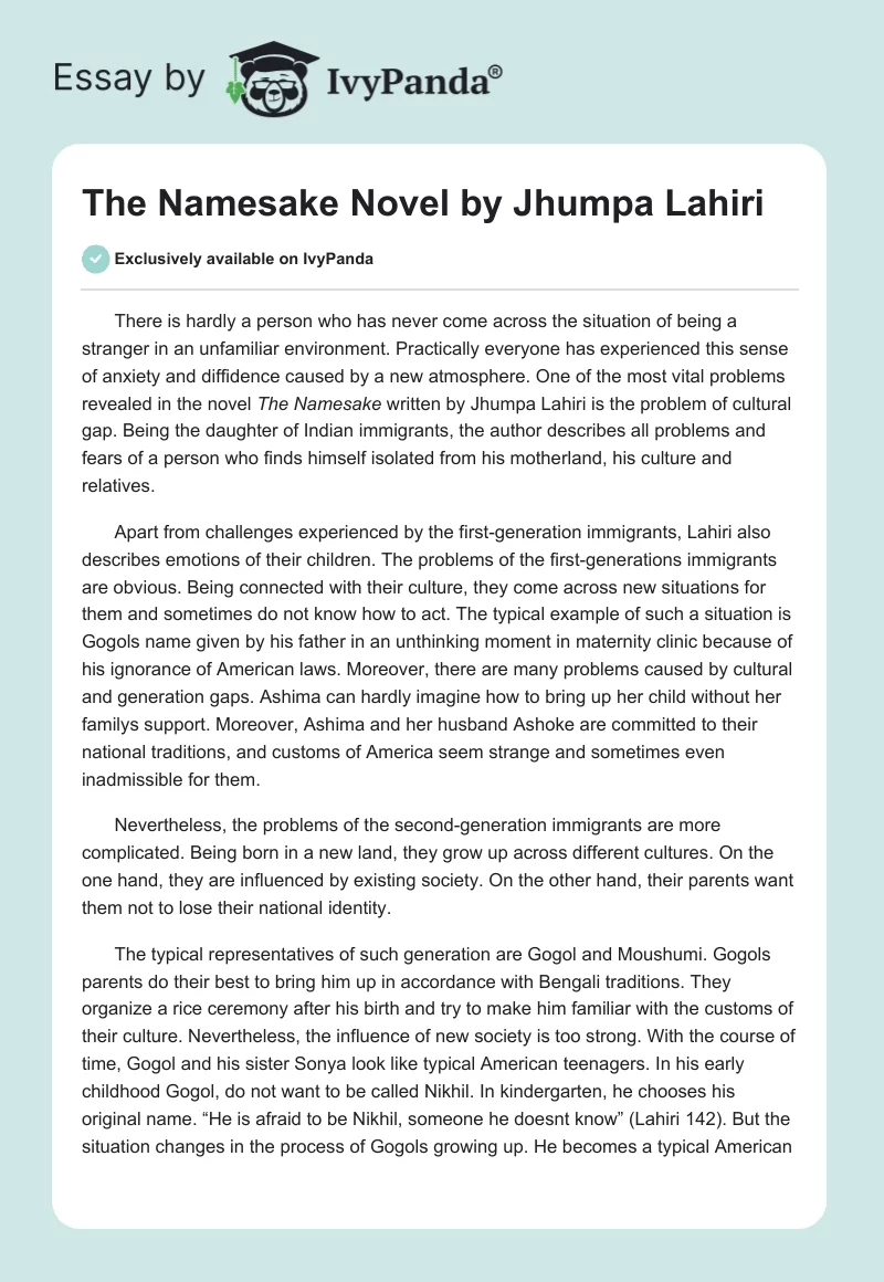 "The Namesake" Novel by Jhumpa Lahiri. Page 1