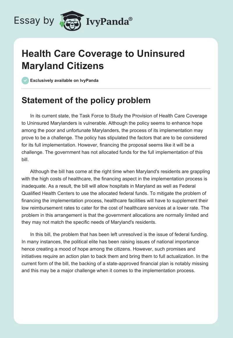 Health Care Coverage to Uninsured Maryland Citizens. Page 1