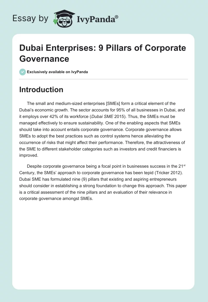 Dubai Enterprises: 9 Pillars of Corporate Governance. Page 1