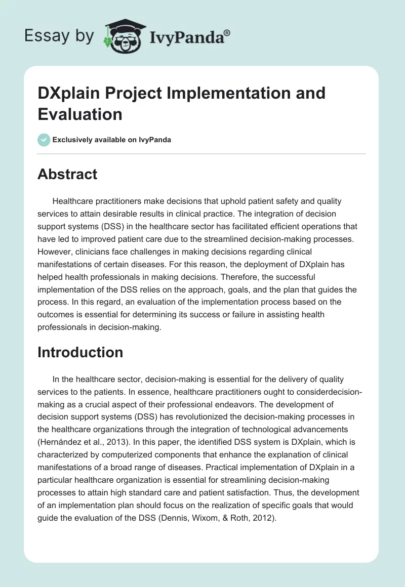 DXplain Project Implementation and Evaluation. Page 1