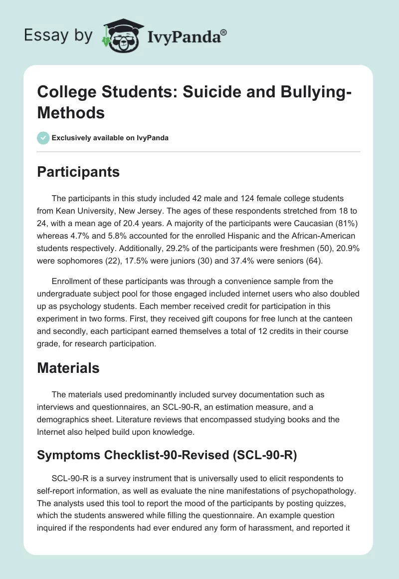 College Students: Suicide and Bullying-Methods. Page 1