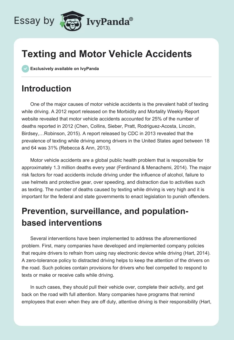 Texting and Motor Vehicle Accidents. Page 1