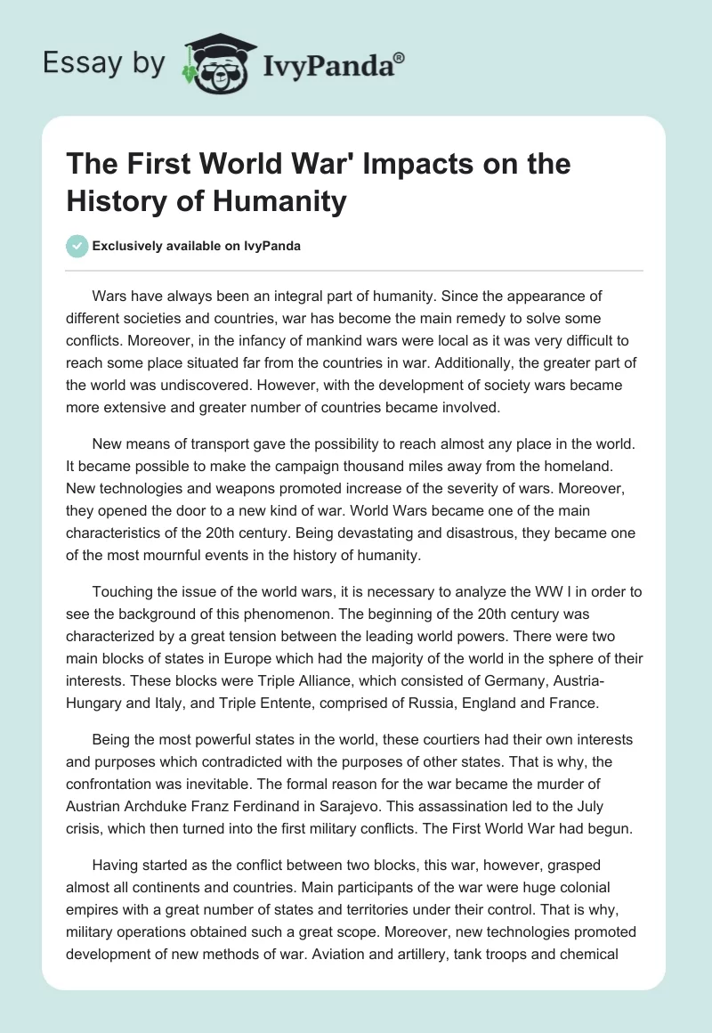 The First World War' Impacts on the History of Humanity. Page 1