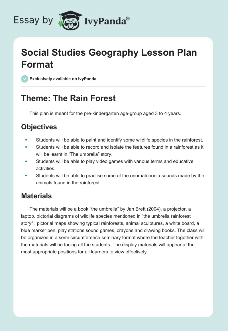 Social Studies Geography Lesson Plan Format. Page 1