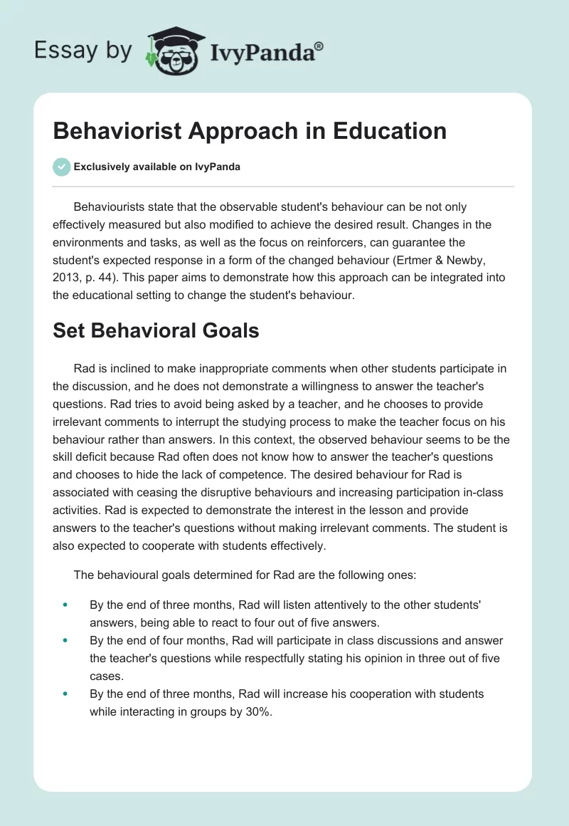 Behaviorist Approach in Education. Page 1