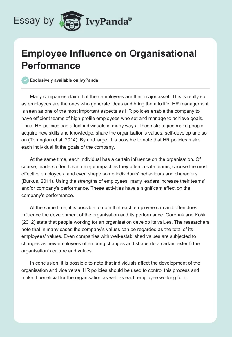 Employee Influence on Organisational Performance. Page 1