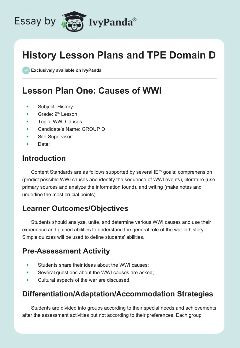 History Lesson Plans and TPE Domain D. Page 1