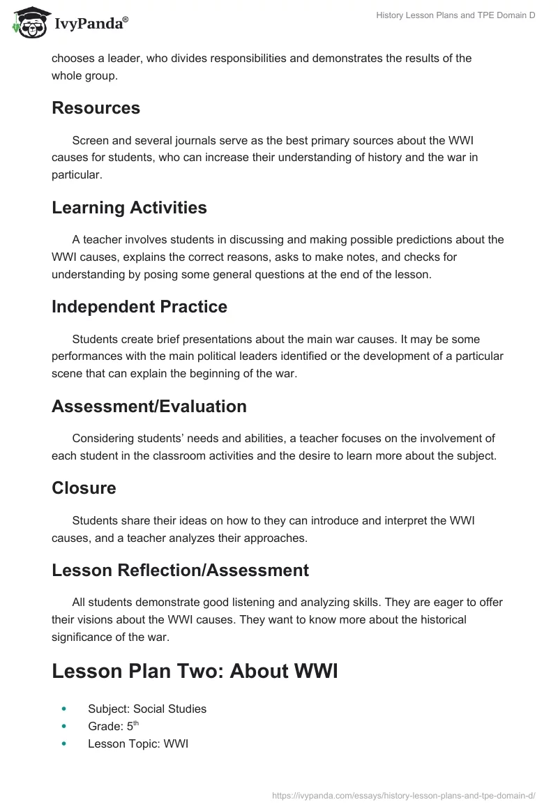 History Lesson Plans and TPE Domain D. Page 2