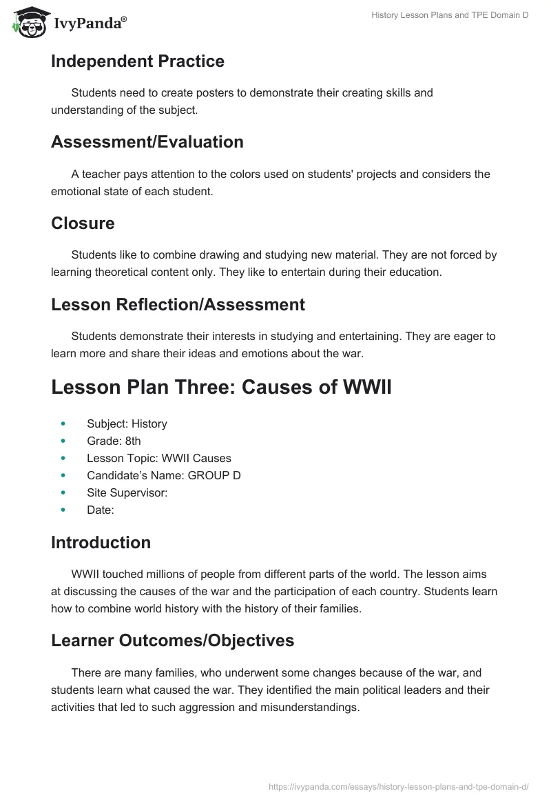 History Lesson Plans and TPE Domain D. Page 4