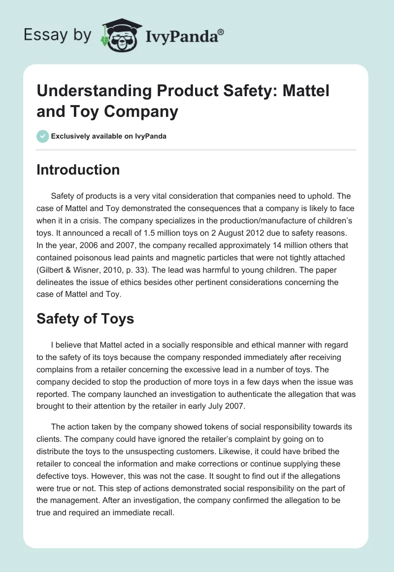Understanding Product Safety: Mattel and Toy Company. Page 1