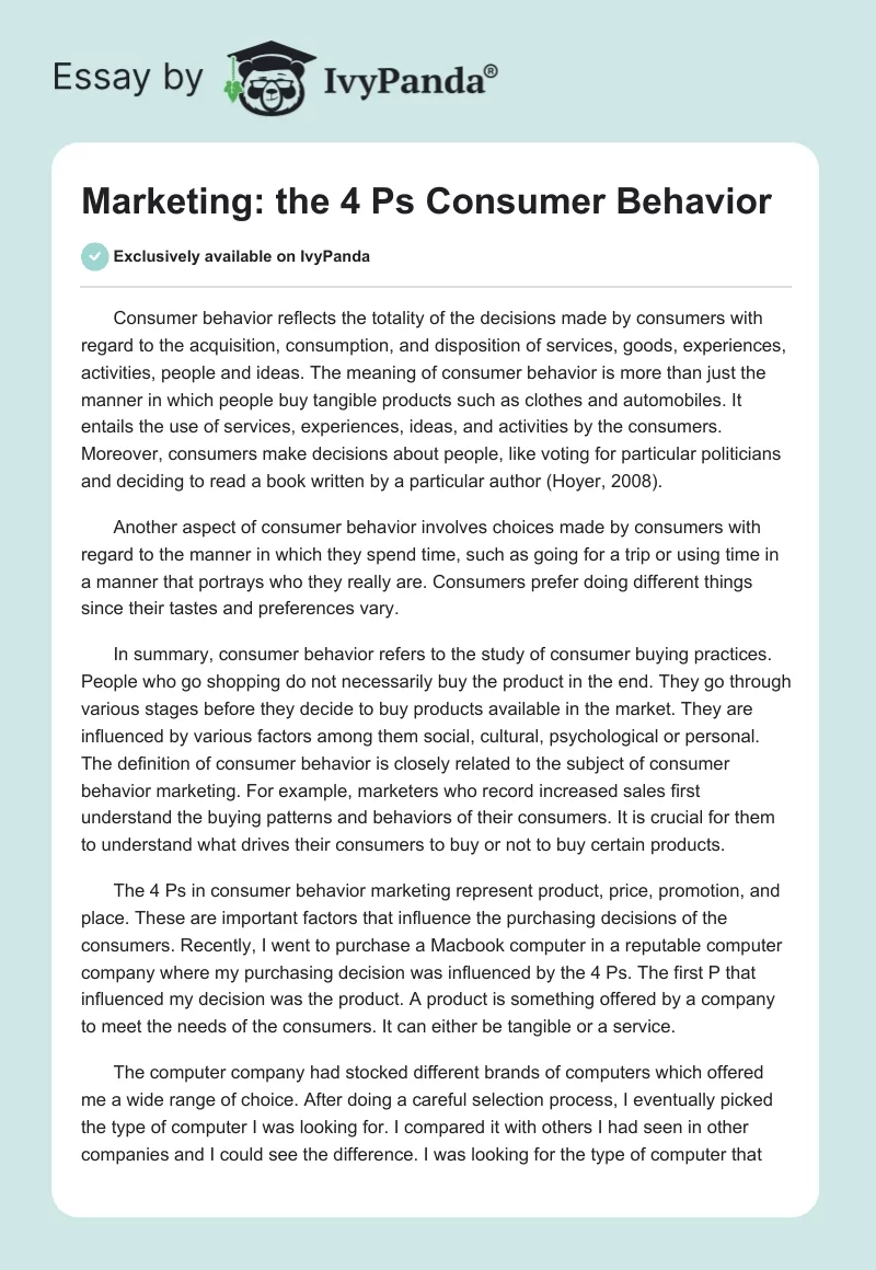 Marketing: the 4 Ps Consumer Behavior. Page 1