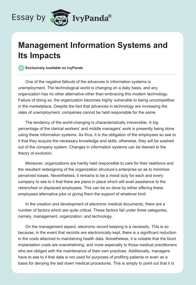 Management Information Systems and Its Impacts. Page 1
