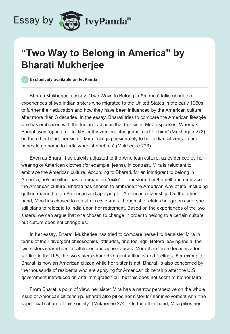 “Two Way to Belong in America” by Bharati Mukherjee. Page 1