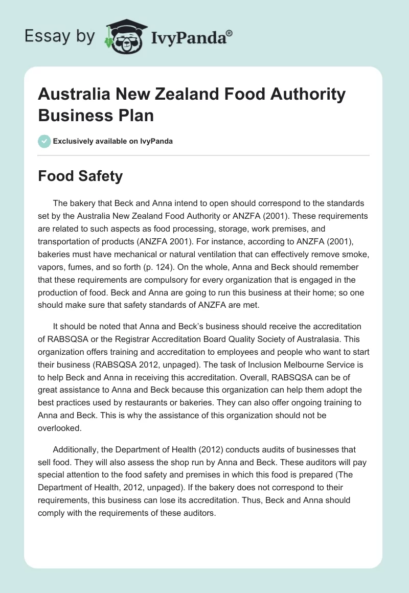 Australia New Zealand Food Authority Business Plan. Page 1