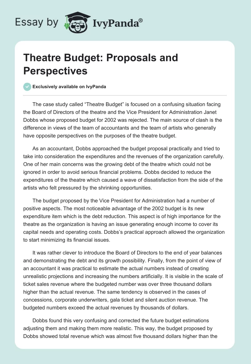 Theatre Budget: Proposals and Perspectives. Page 1