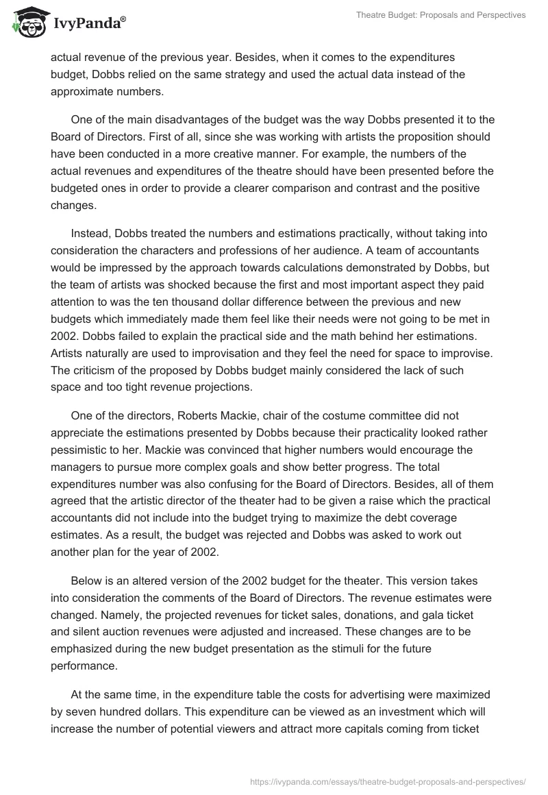 Theatre Budget: Proposals and Perspectives. Page 2