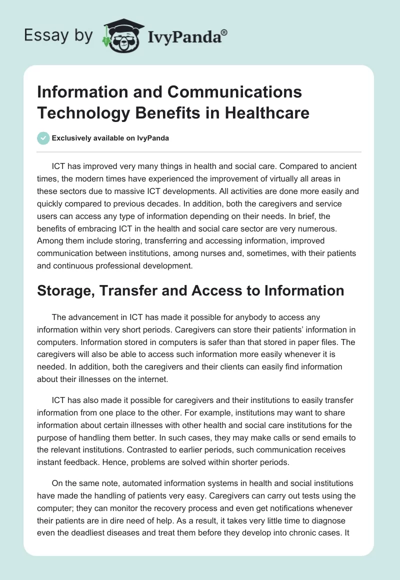 Information and Communications Technology Benefits in Healthcare. Page 1