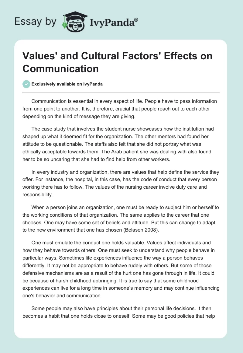 Values' and Cultural Factors' Effects on Communication. Page 1