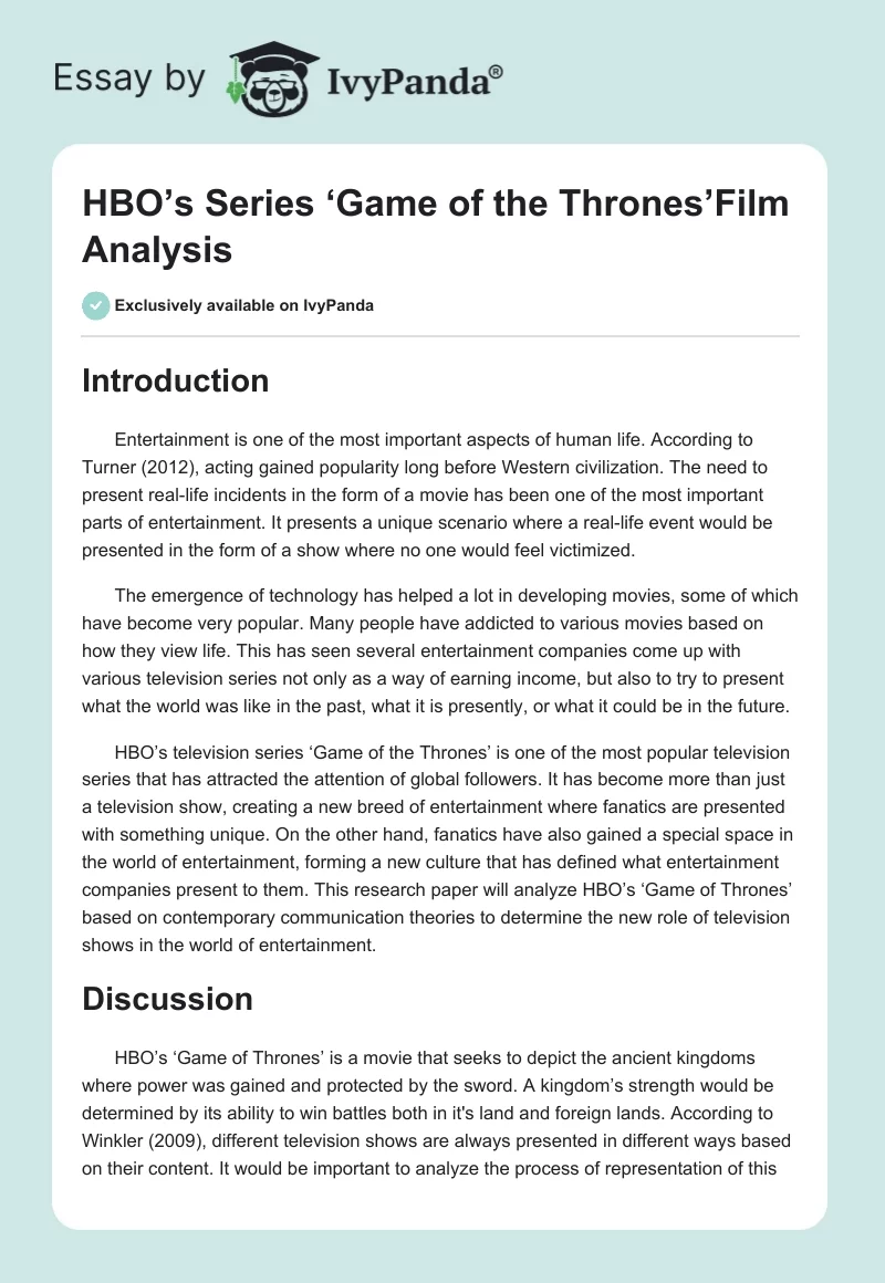 HBO’s Series ‘Game of the Thrones’Film Analysis. Page 1