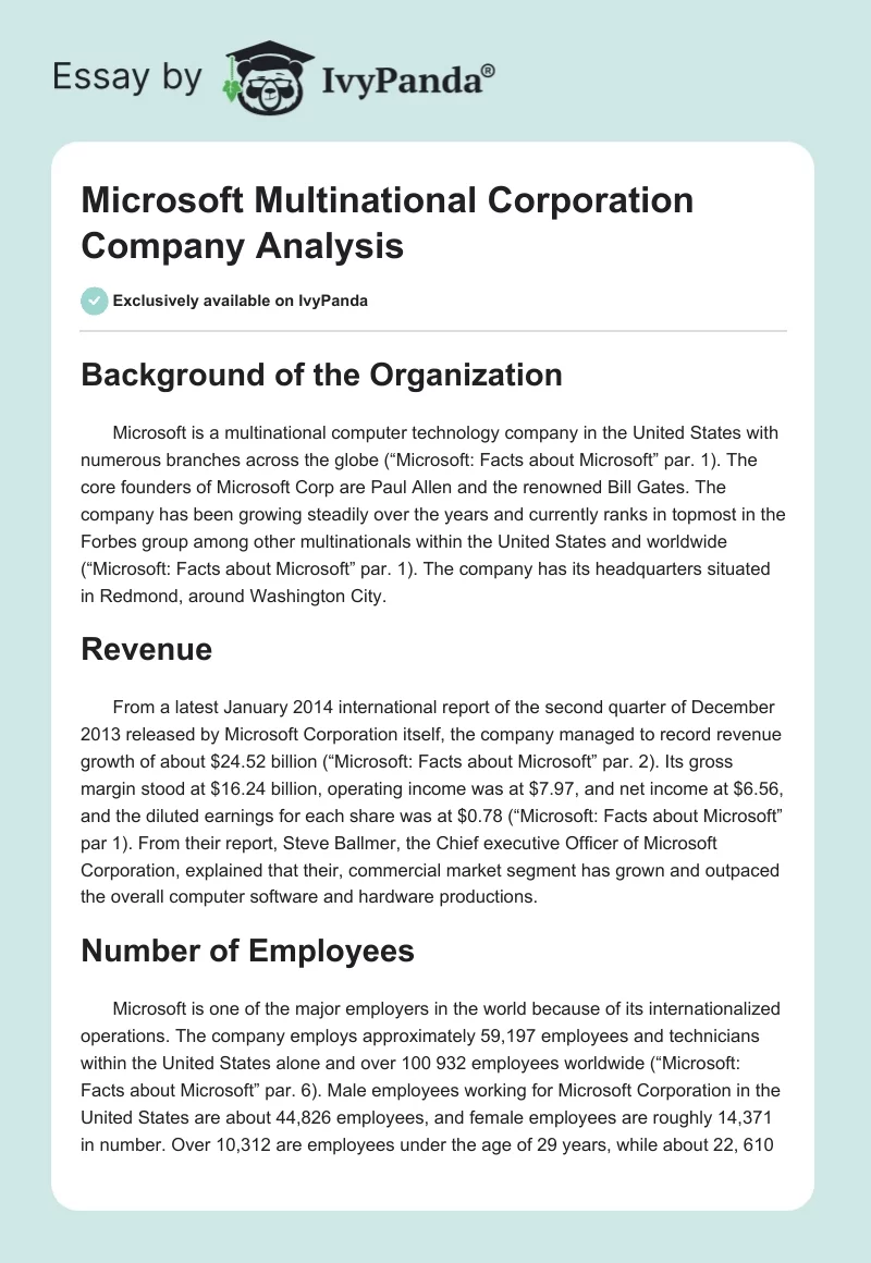 Microsoft Multinational Corporation Company Analysis. Page 1