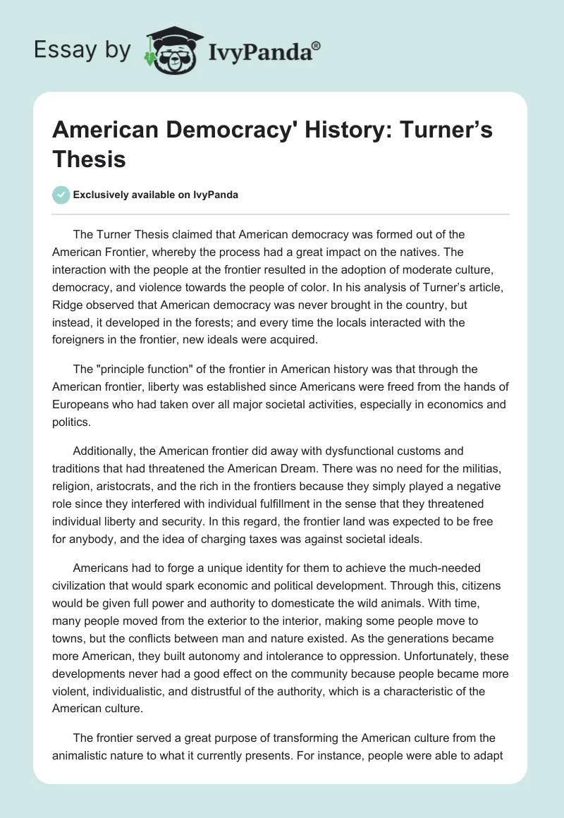 American Democracy' History: Turner’s Thesis. Page 1