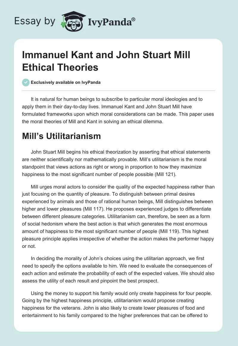 Immanuel Kant and John Stuart Mill Ethical Theories. Page 1