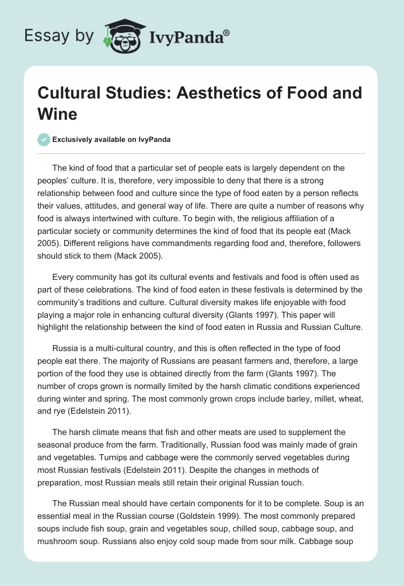 Cultural Studies: Aesthetics of Food and Wine. Page 1