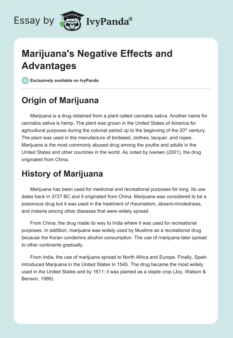 Marijuana's Negative Effects and Advantages. Page 1
