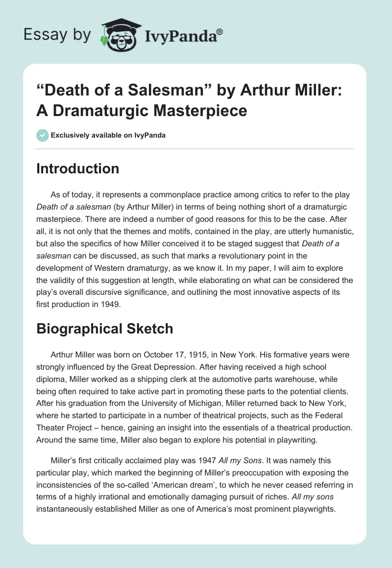 “Death of a Salesman” by Arthur Miller: A Dramaturgic Masterpiece. Page 1