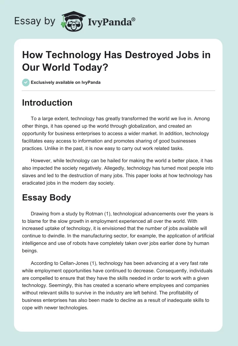 How Technology Has Destroyed Jobs in Our World Today?. Page 1