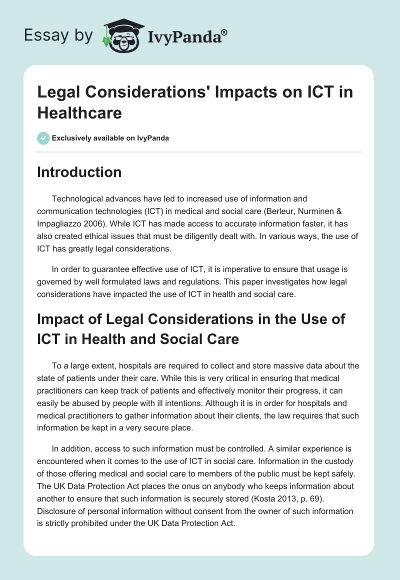 Legal Considerations' Impacts on ICT in Healthcare. Page 1