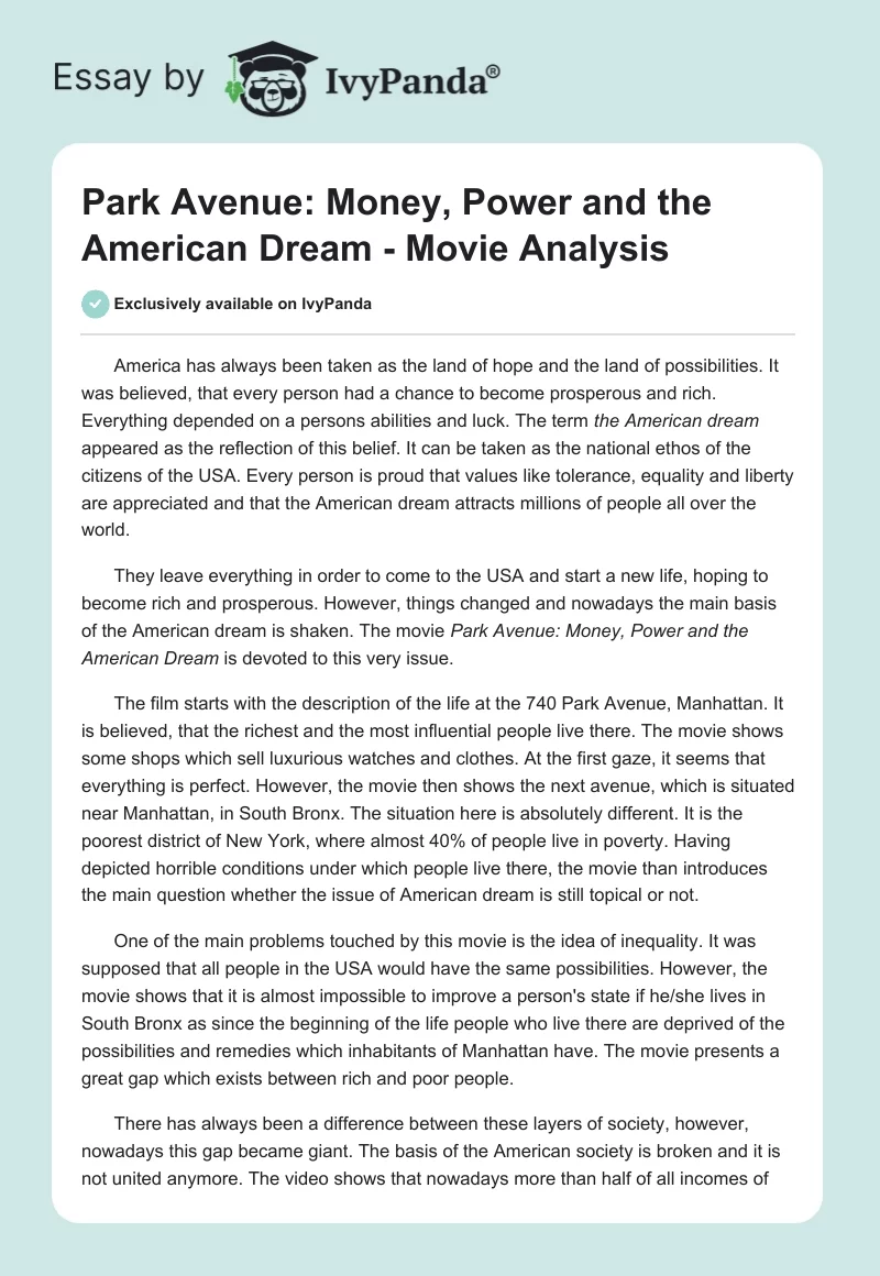 Park Avenue: Money, Power and the American Dream - Movie Analysis. Page 1