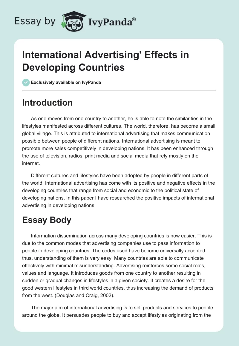 International Advertising' Effects in Developing Countries. Page 1