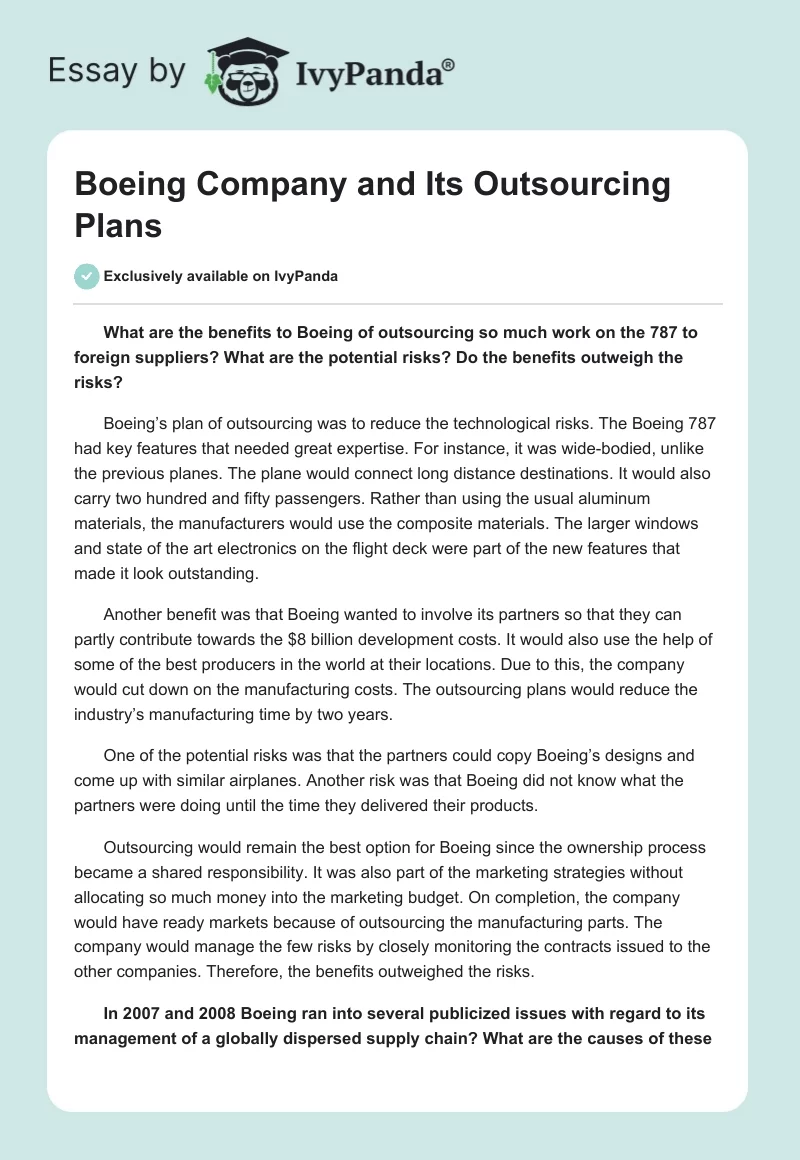 Boeing Company and Its Outsourcing Plans. Page 1