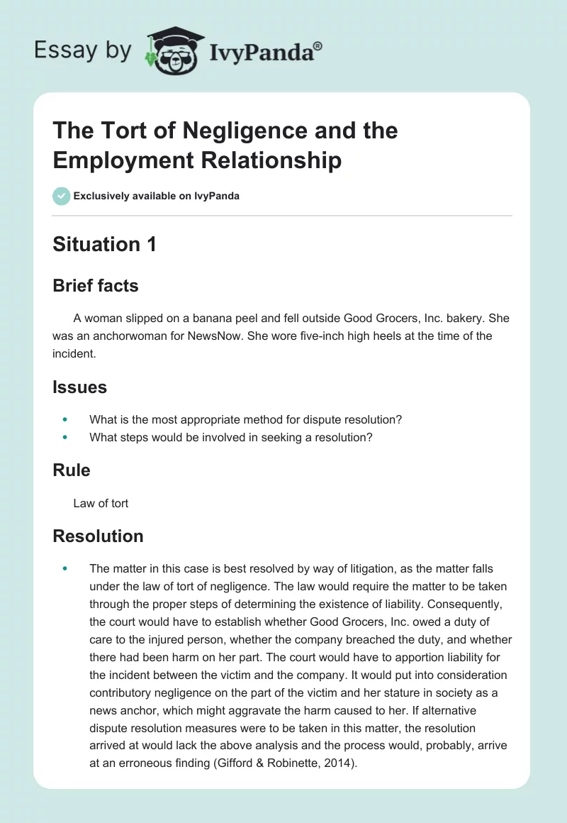 The Tort of Negligence and the Employment Relationship. Page 1