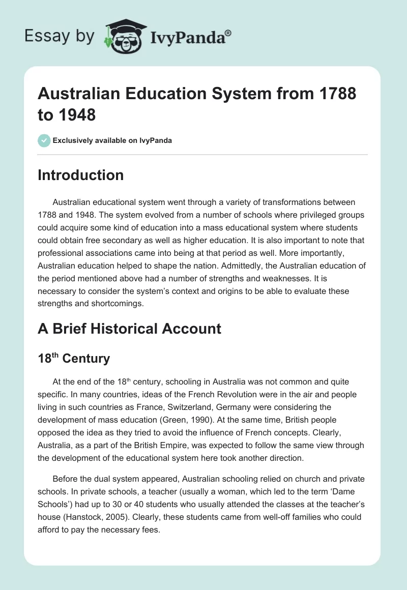 Australian Education System from 1788 to 1948. Page 1