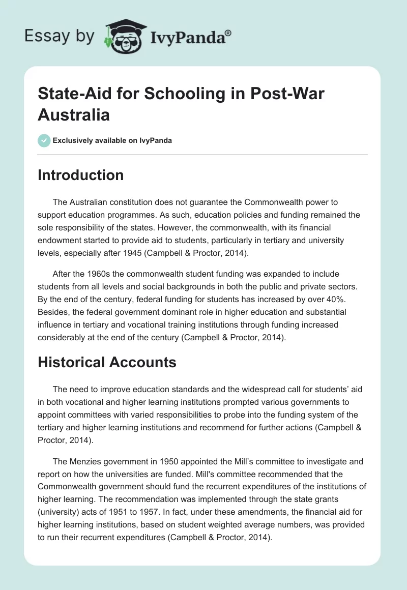 State-Aid for Schooling in Post-War Australia. Page 1
