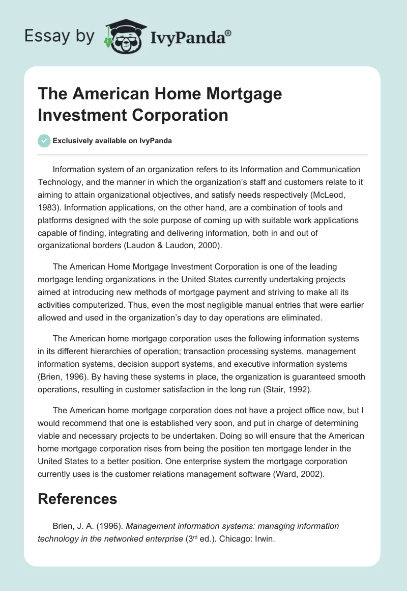 The American Home Mortgage Investment Corporation. Page 1