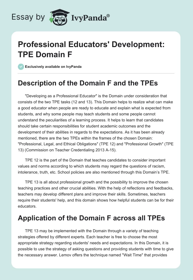 Professional Educators' Development: TPE Domain F. Page 1