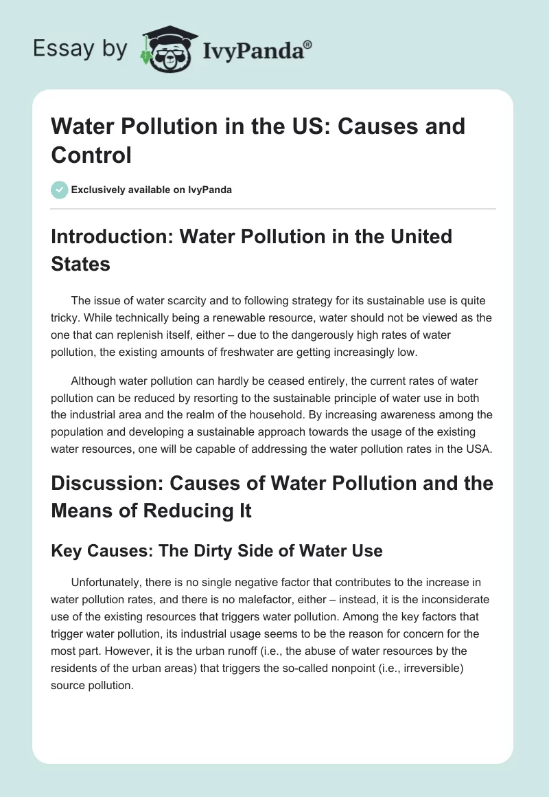 Water Pollution in the US: Causes and Control. Page 1