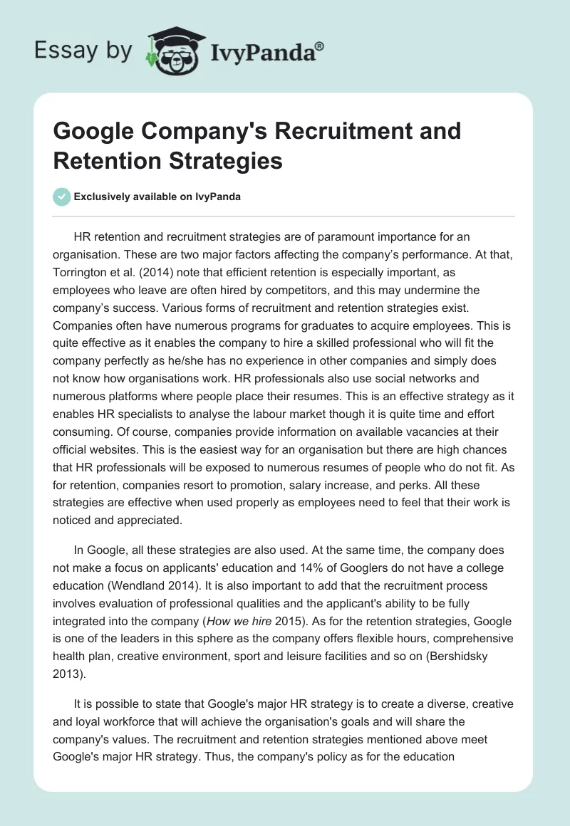 Google Company's Recruitment and Retention Strategies. Page 1