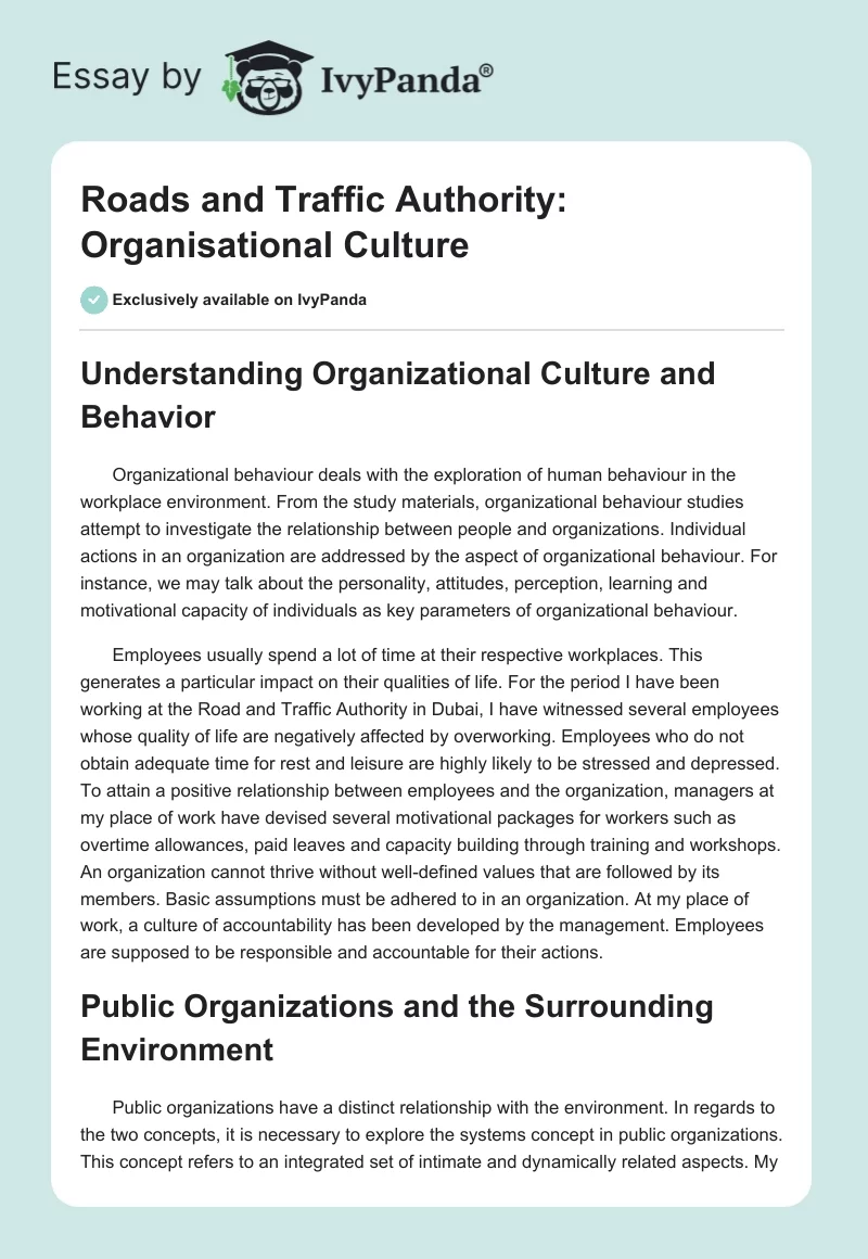 Roads and Traffic Authority: Organisational Culture. Page 1
