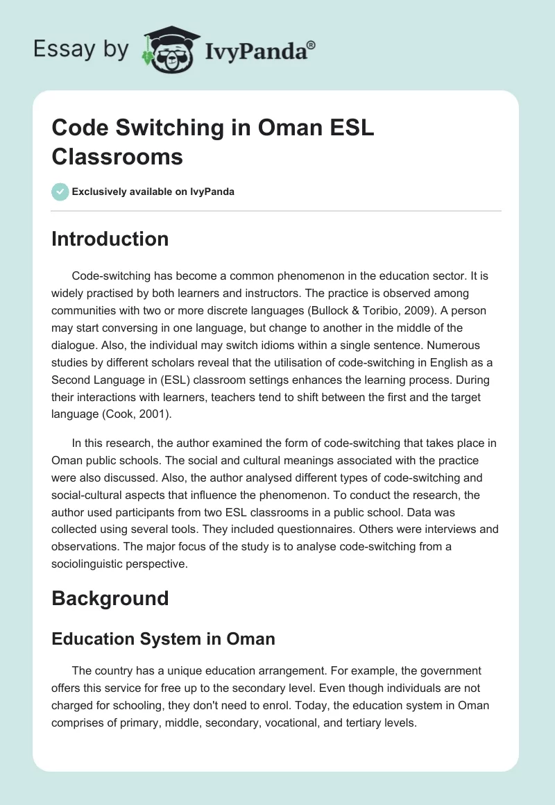 Code Switching in Oman ESL Classrooms. Page 1